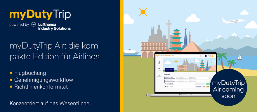 Illustration der neuen Lösung myDutyTrip Air von Lufthansa Industry Solutions für Flugbuchung, Reisegenehmigungen und Policy Compliance für Airlines.