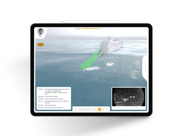 Visualisierung eines Mann-über-Bord-Vorfalls auf einem Kreuzfahrtschiff. Vom Schiff aus wird mit grünen Markierungen angezeigt, wo im Wasser sich die Person befindet. 