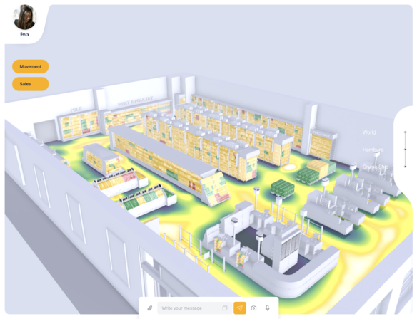 Visualisierung einer Supermarkt-Filiale. Die Gänge zwischen den Regalen sind per Heat Map unterschiedlich eingefärbt.