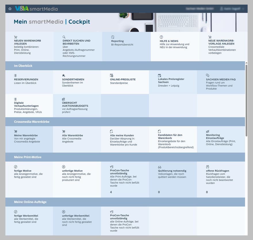 Screenshot of the VI&VA smartMedia Cockpit showing areas such as shopping carts, print creatives, and online orders.