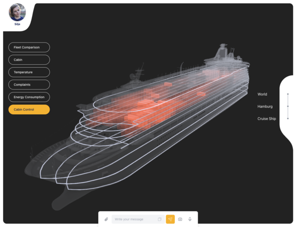 Visualisierung eines Containerschiffs, auf der man die verschiedenen Decks mit Container sieht. Per Heat Map ist ein bestimmtes Areal mit Containern stärker rot eingefärbt als der Rest. 