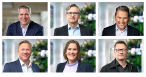 Collage of six photos with different people against a uniform background—one woman and five men wearing light-colored tops and dark jackets