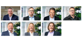 Collage aus neun Fotos mit verschiedenen Personen vor einheitlichem Hintergrund - zwei Frauen und sieben Männer mit hellen Oberteilen und dunklen Jacketts