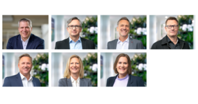 Collage of nine photos with different people against a uniform background—two women and seven men wearing light-colored tops and dark jackets