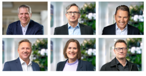 Collage aus 6 Fotos mit verschiedenen Personen vor einheitlichem Hintergrund - eine Frau und fünf Männer mit hellen Oberteilen und dunklen Jacketts