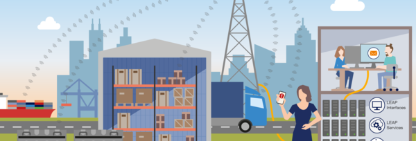 Woman checking location- and status-based information on a tablet. In the background are a warehouse with shelves, a truck, containers, a harbor crane, and a live antenna mast. Several battery storage units are arranged on the right side of the image.
