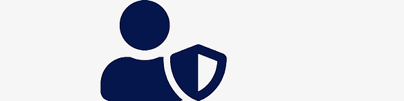 Blaues Symbol einer stilisierten Person mit einem Schild im Vordergrund, das Schutz oder Sicherheit symbolisiert.
