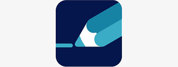 Abstrakte Grafik zeigt einen stilisierten weißen Bleistift auf blau-türkisem quadratischem Hintergrund. Der Bleistift liegt schräg und ist nach rechts unten ausgerichtet.