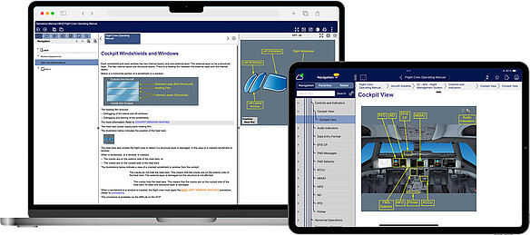 Auf einem Monitor und einem Tablet werden zwei verschiedene Ansichten der Volabase-Dokumentationslösung gezeigt. Eine zeigt die Cockpit View, die andere Ansicht zeigt „Cockpit Windshields and Windows“. 