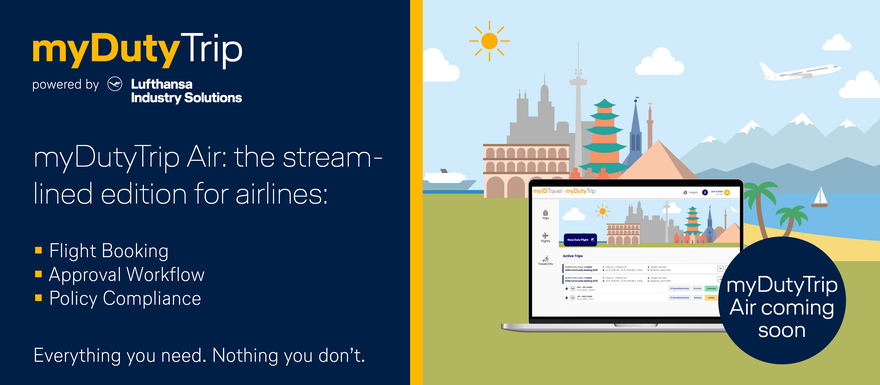 Illustration of the upcoming myDutyTrip Air solution by Lufthansa Industry Solutions for flight booking, travel approvals, and policy compliance for airlines.