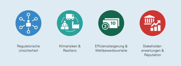 Vier runde Icons mit jeweils einer Unterschrift darunter: 1.  Regulatorische Unsicherheit, 2. Klimarisiken & Resilienz, 3. Effizienzsteigerung & Wettbewerbsvorteile, 4. Stakeholder-Erwartungen & Reputation.